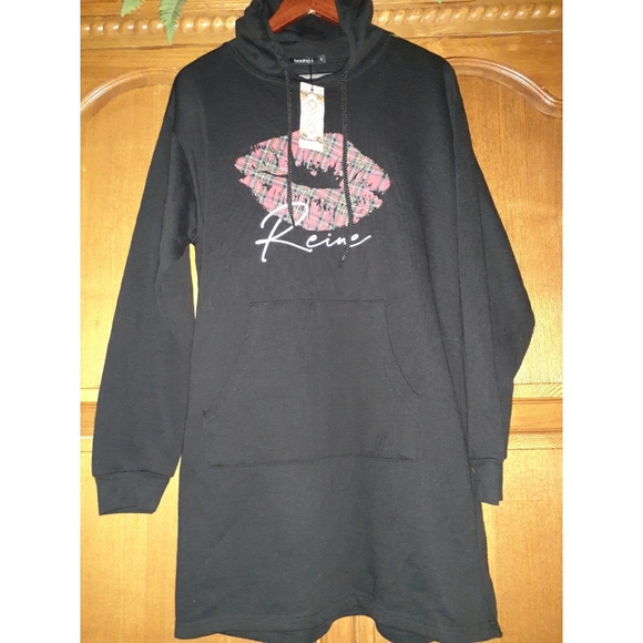HP🥰boohoo Tartan Lip Print Hood Sweatshirt Dress - Picture 11 of 16